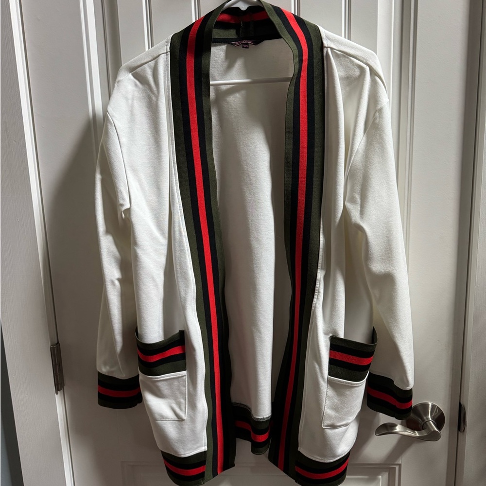 HAUTE SHORE White Cardigan with Red and Green Stripes. Like new barely worn.